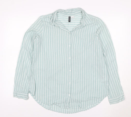 H&M Divided Women Mint Green Stripe Ruffle Basic Button-Up Shirt UK 12