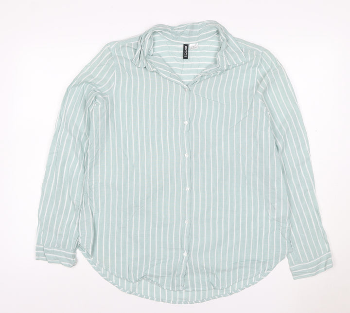 H&M Divided Women Mint Green Stripe Ruffle Basic Button-Up Shirt UK 12