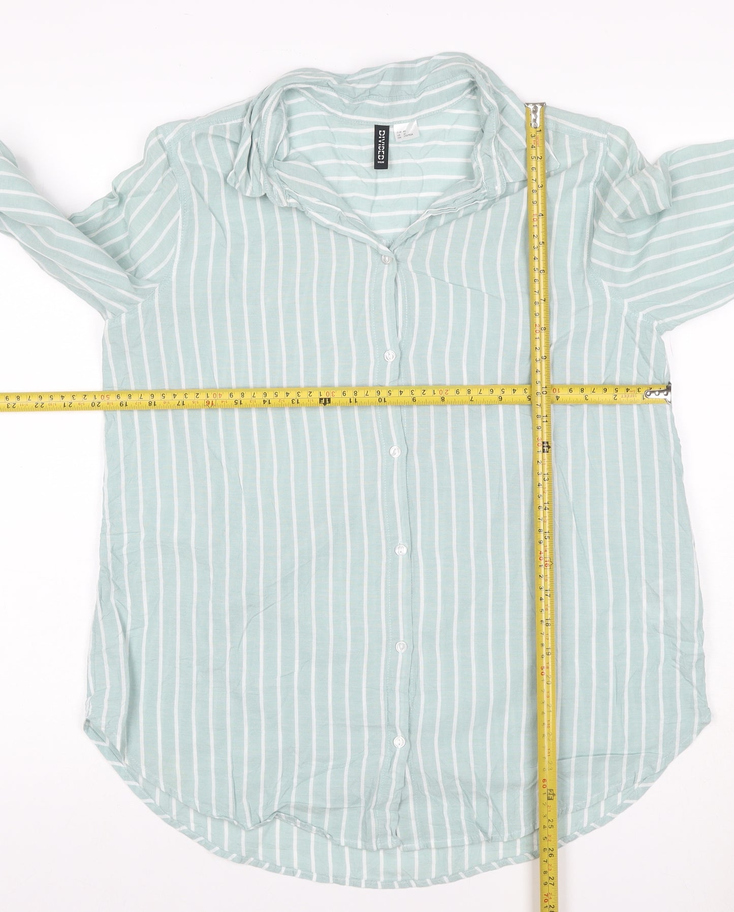 H&M Divided Women Mint Green Stripe Ruffle Basic Button-Up Shirt UK 12