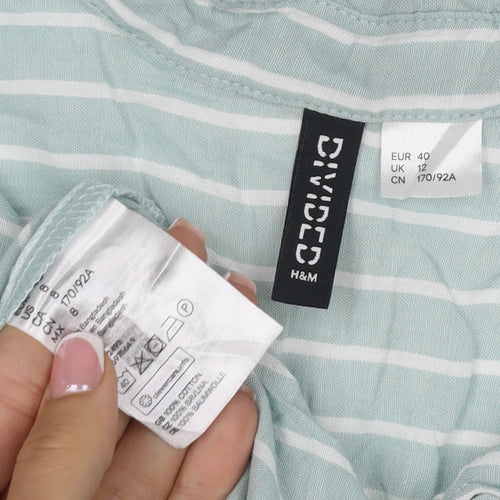 H&M Divided Women Mint Green Stripe Ruffle Basic Button-Up Shirt UK 12
