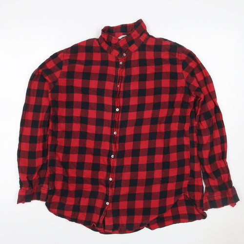 H&M Women Red Black Check Cotton Button-Up Shirt UK 12 Long Sleeve