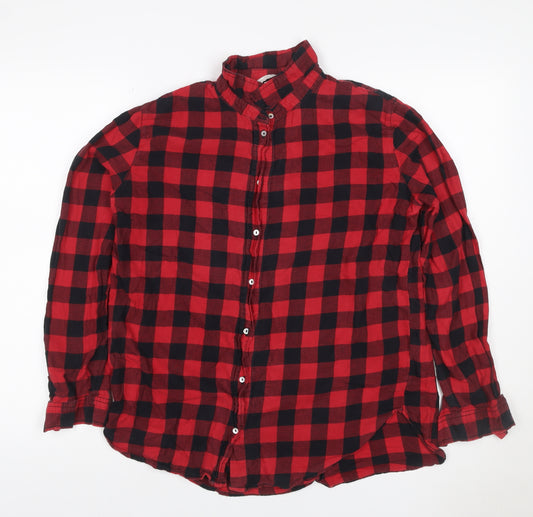 H&M Women Red Black Check Cotton Button-Up Shirt UK 12 Long Sleeve