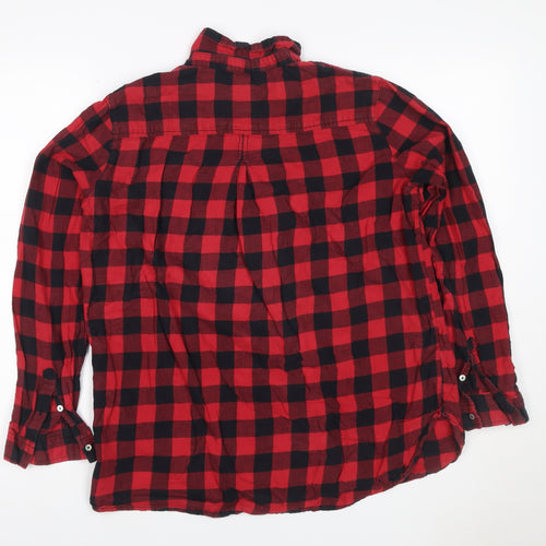 H&M Women Red Black Check Cotton Button-Up Shirt UK 12 Long Sleeve