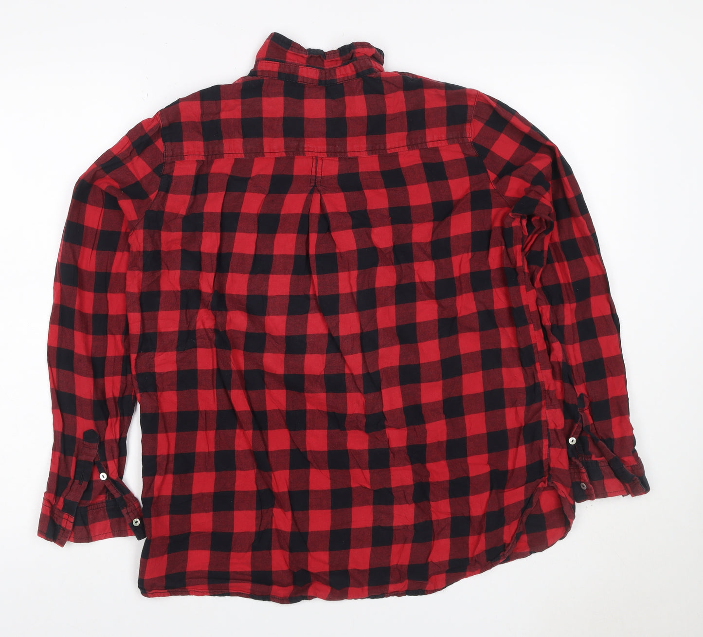 H&M Women Red Black Check Cotton Button-Up Shirt UK 12 Long Sleeve