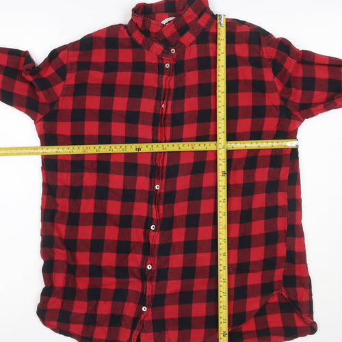H&M Women Red Black Check Cotton Button-Up Shirt UK 12 Long Sleeve