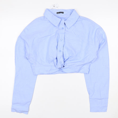 Bershka Women Blue M Cropped Button-Up Long Sleeve Cotton Shirt