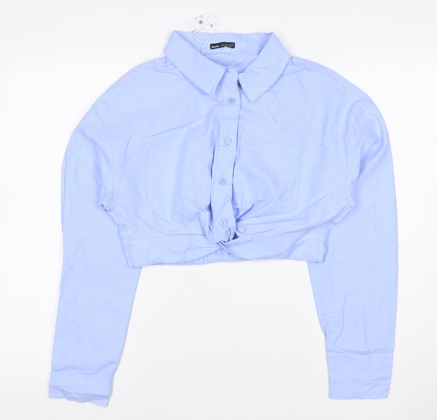Bershka Women Blue M Cropped Button-Up Long Sleeve Cotton Shirt