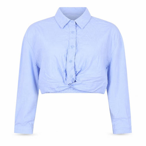 Bershka Women Blue M Cropped Button-Up Long Sleeve Cotton Shirt