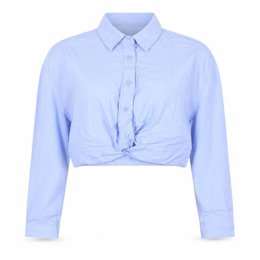 Bershka Women Blue M Cropped Button-Up Long Sleeve Cotton Shirt