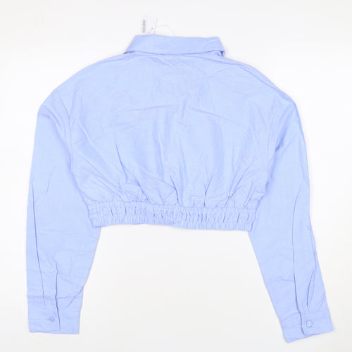 Bershka Women Blue M Cropped Button-Up Long Sleeve Cotton Shirt