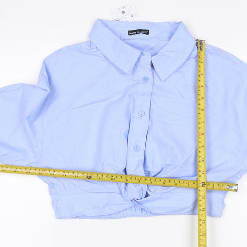 Bershka Women Blue M Cropped Button-Up Long Sleeve Cotton Shirt