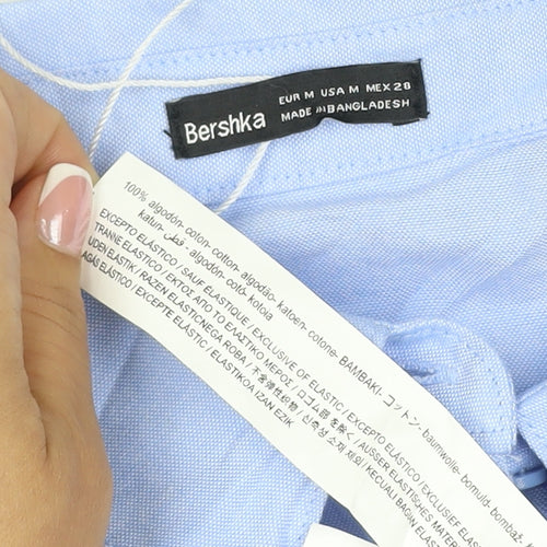 Bershka Women Blue M Cropped Button-Up Long Sleeve Cotton Shirt