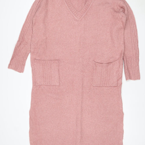 Next Women Pink Wool Knit V-Neck Long Sleeve Jumper Dress UK 12