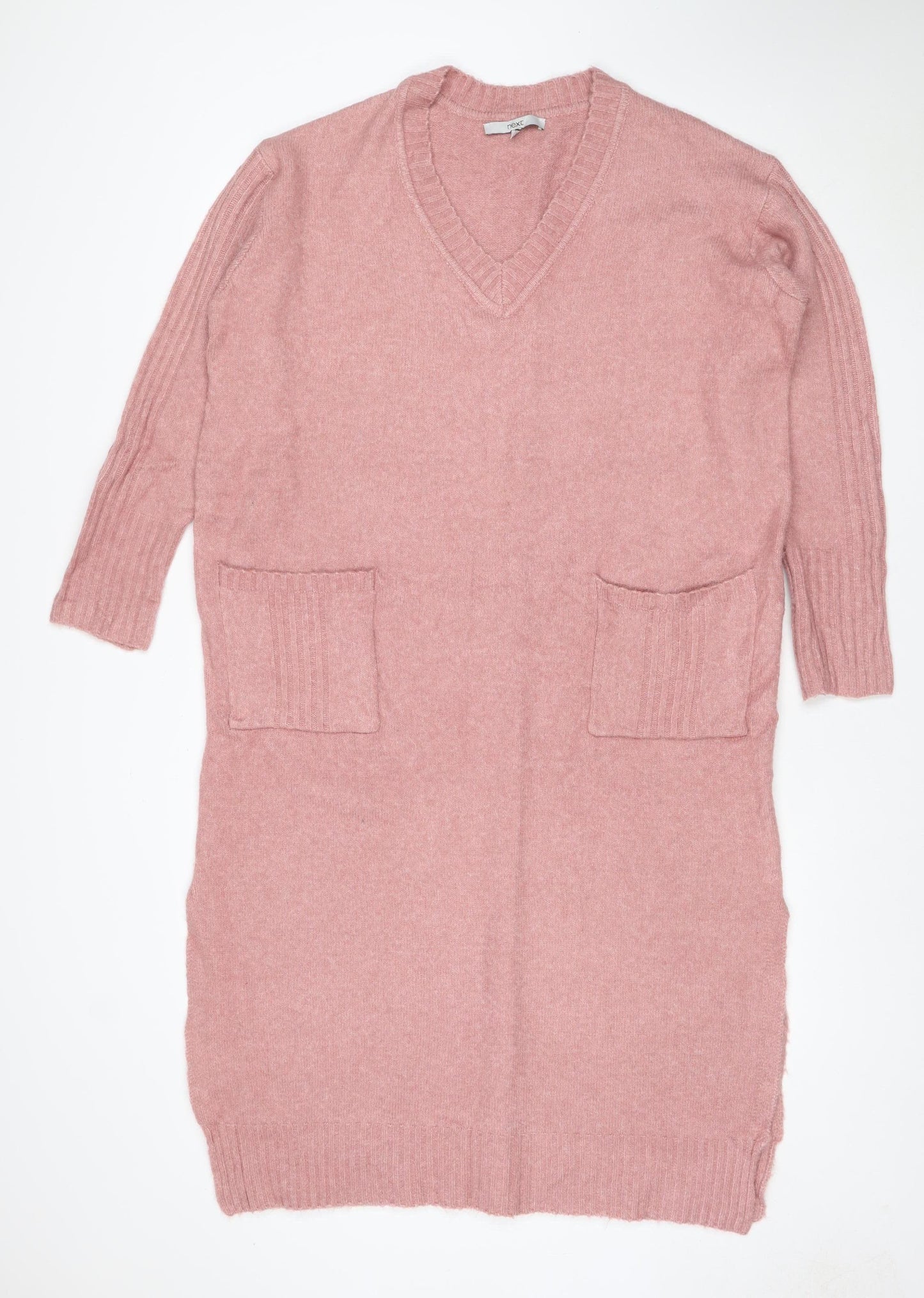 Next Women Pink Wool Knit V-Neck Long Sleeve Jumper Dress UK 12