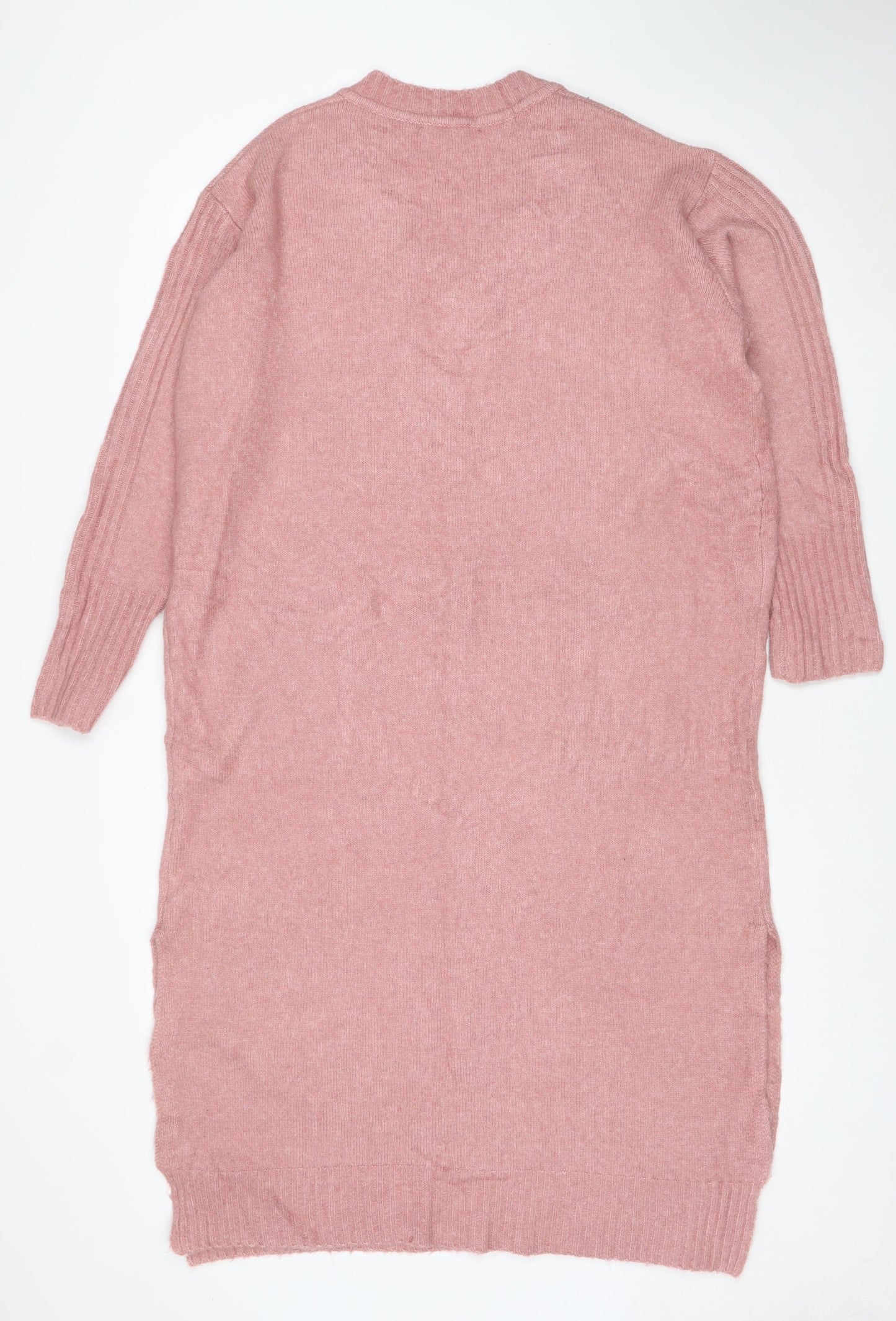 Next Women Pink Wool Knit V-Neck Long Sleeve Jumper Dress UK 12