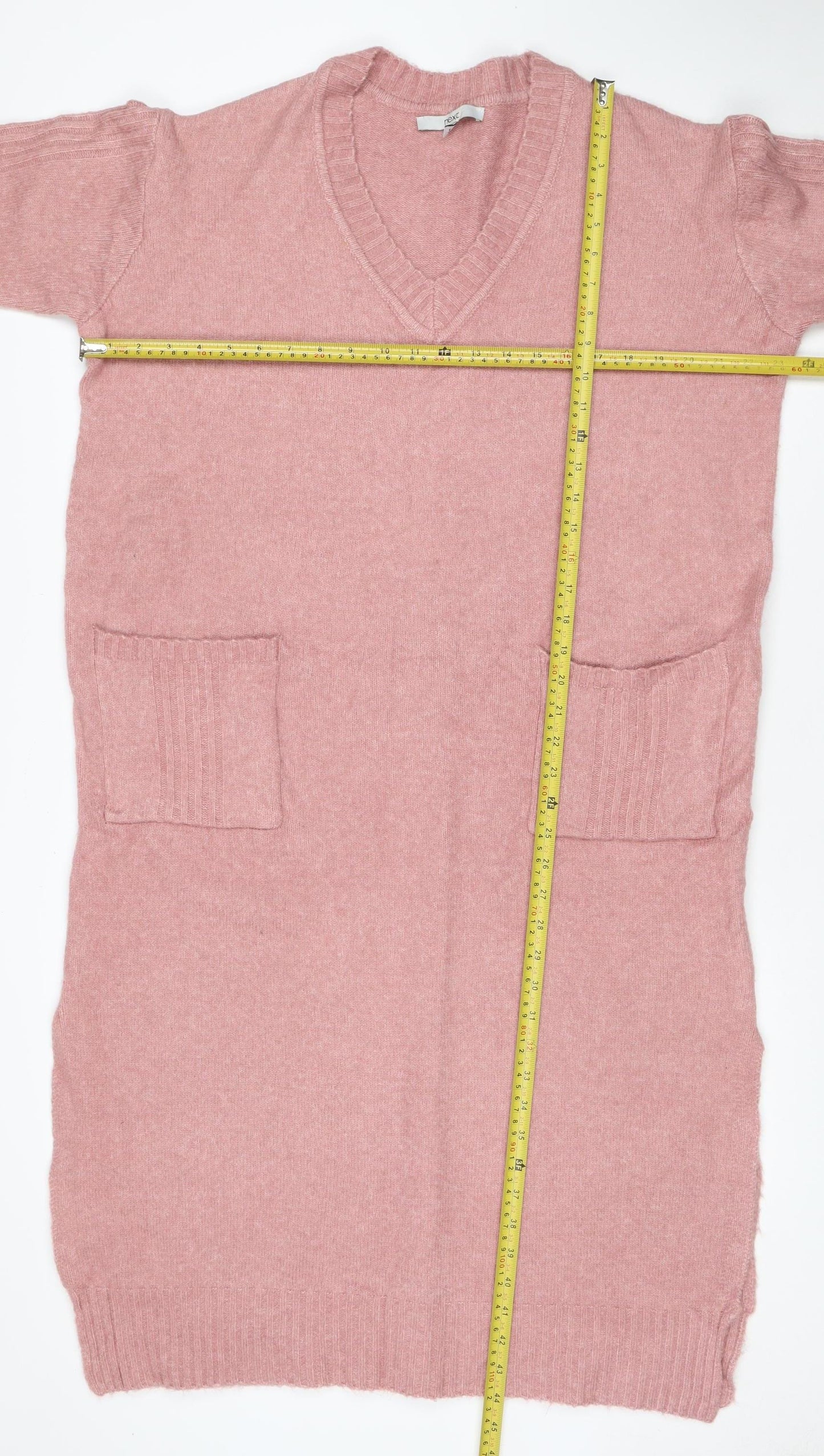 Next Women Pink Wool Knit V-Neck Long Sleeve Jumper Dress UK 12