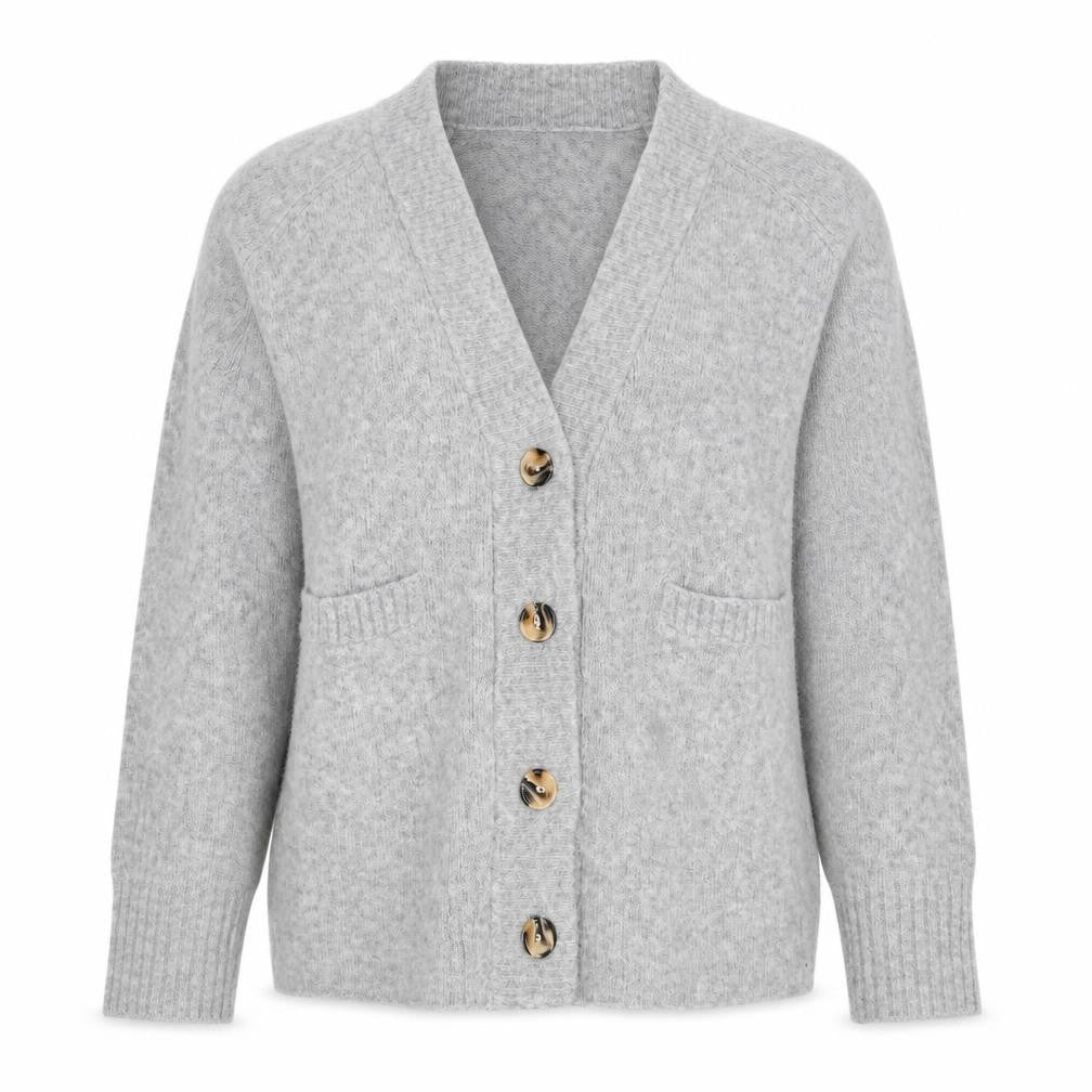 Front view of Next Women’s Grey S Button V-Neck Pocket Knit Cardigan