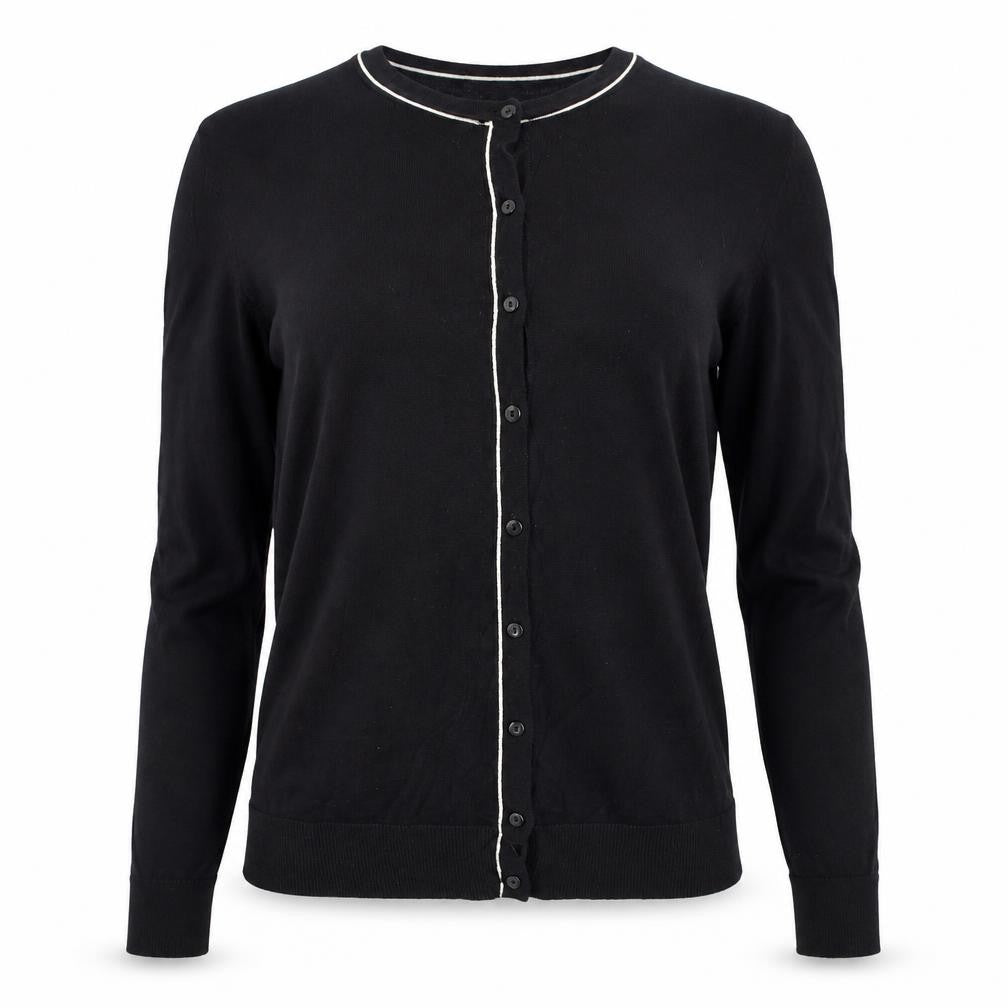 Front view of LOFT Women’s Black White Trim Cotton Button Cardigan, size S