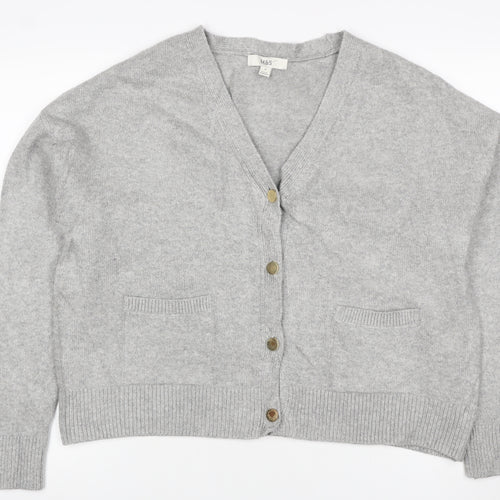 Marks and Spencer Women Grey M V-Neck Button Pocket Knit Cardigan