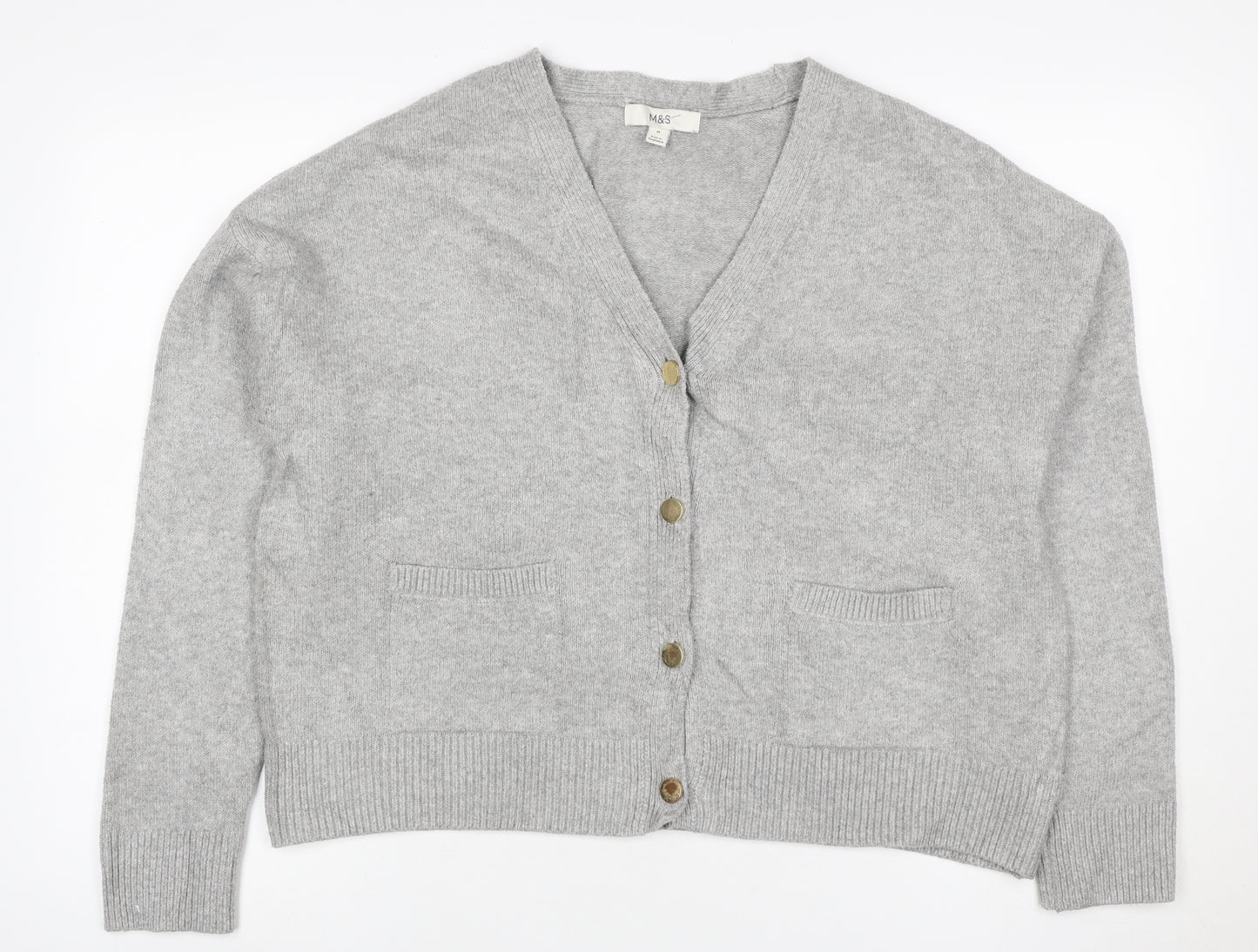 Marks and Spencer Women Grey M V-Neck Button Pocket Knit Cardigan