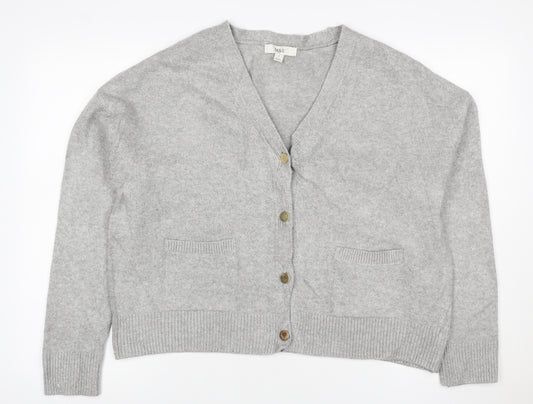 Marks and Spencer Women Grey M V-Neck Button Pocket Knit Cardigan