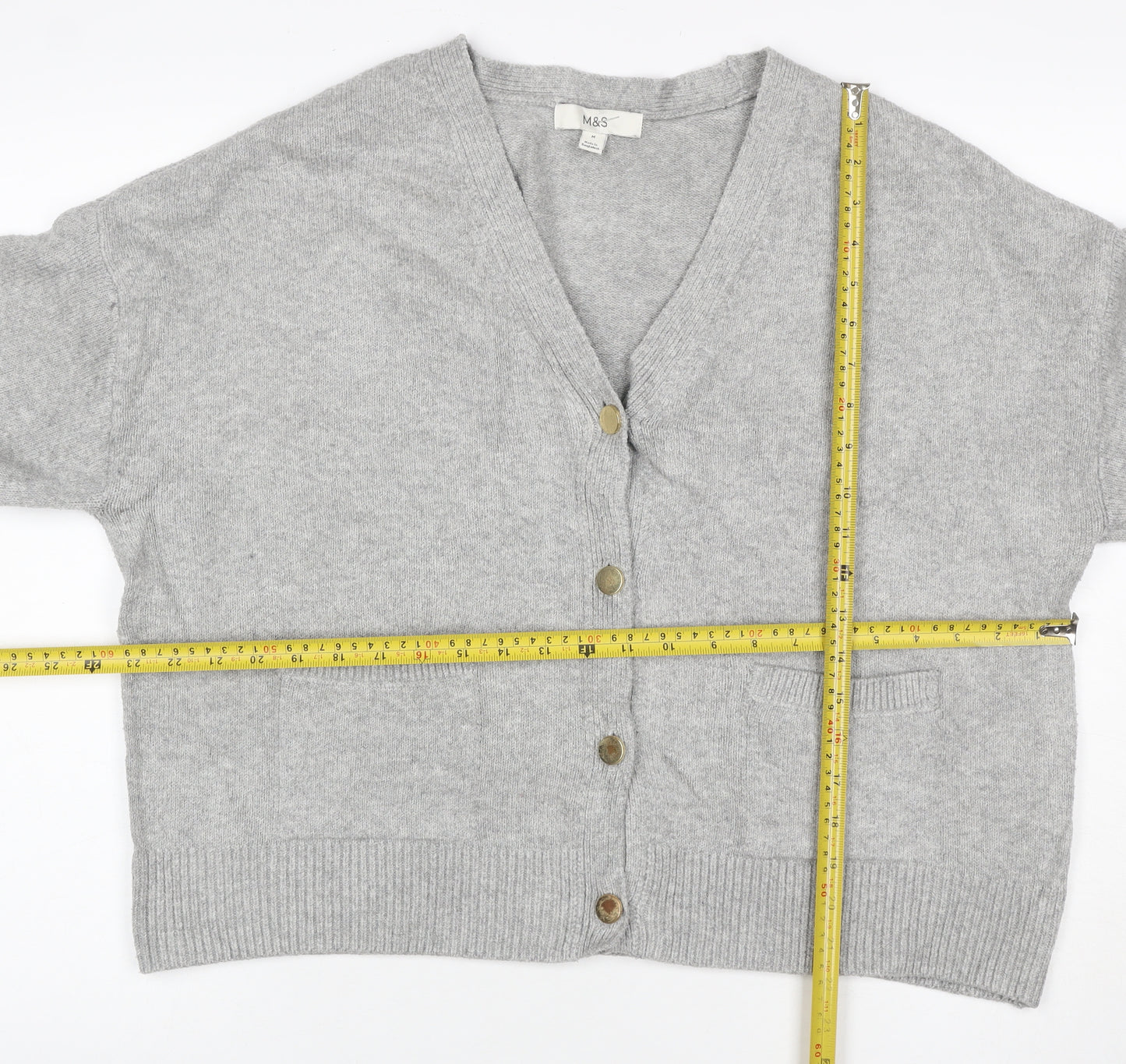Marks and Spencer Women Grey M V-Neck Button Pocket Knit Cardigan