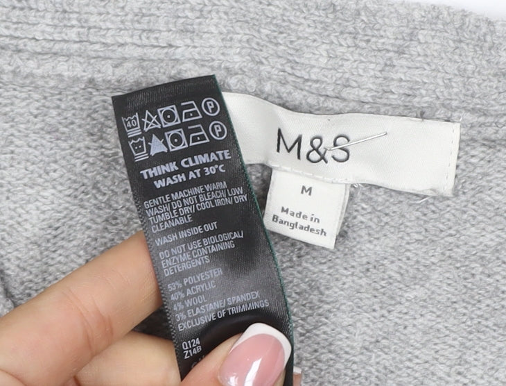 Marks and Spencer Women Grey M V-Neck Button Pocket Knit Cardigan