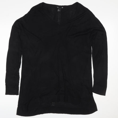 H&M Women Black M V-Neck Long Sleeve Rhinestone Knit Tunic Jumper
