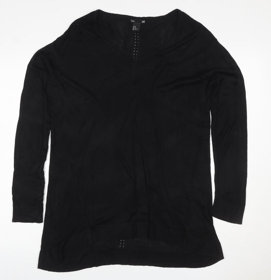 H&M Women Black M V-Neck Long Sleeve Rhinestone Knit Tunic Jumper