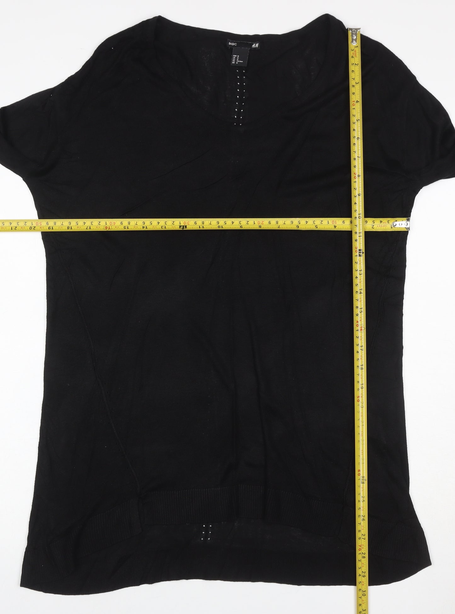 H&M Women Black M V-Neck Long Sleeve Rhinestone Knit Tunic Jumper