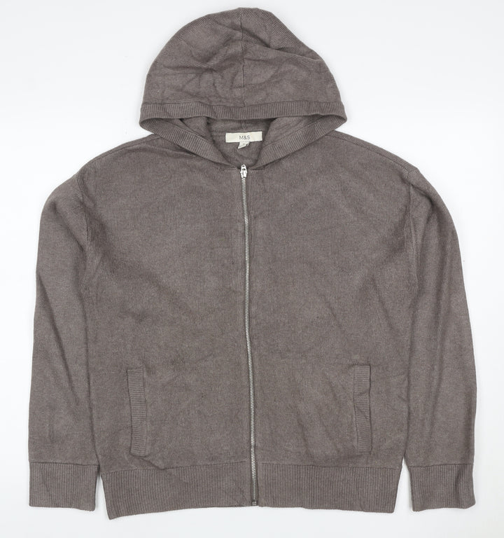 Marks and Spencer Men's Grey M Full Zip Hooded Knit Cotton Blend Hoodie