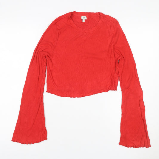 River Island Women Red UK 14 Cropped Ribbed Bell Sleeve Jersey Top