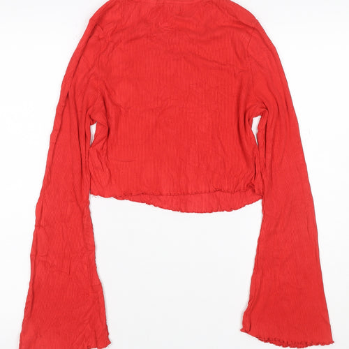 River Island Women Red UK 14 Cropped Ribbed Bell Sleeve Jersey Top