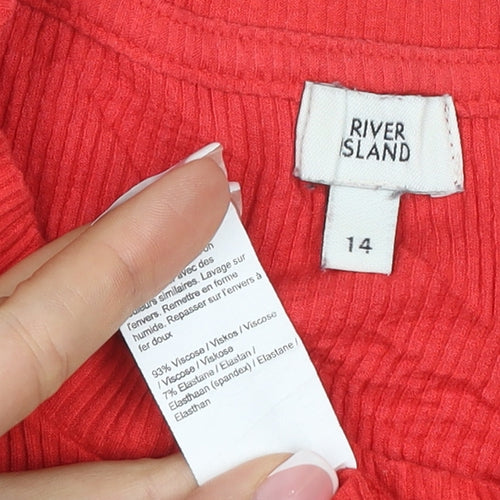 River Island Women Red UK 14 Cropped Ribbed Bell Sleeve Jersey Top