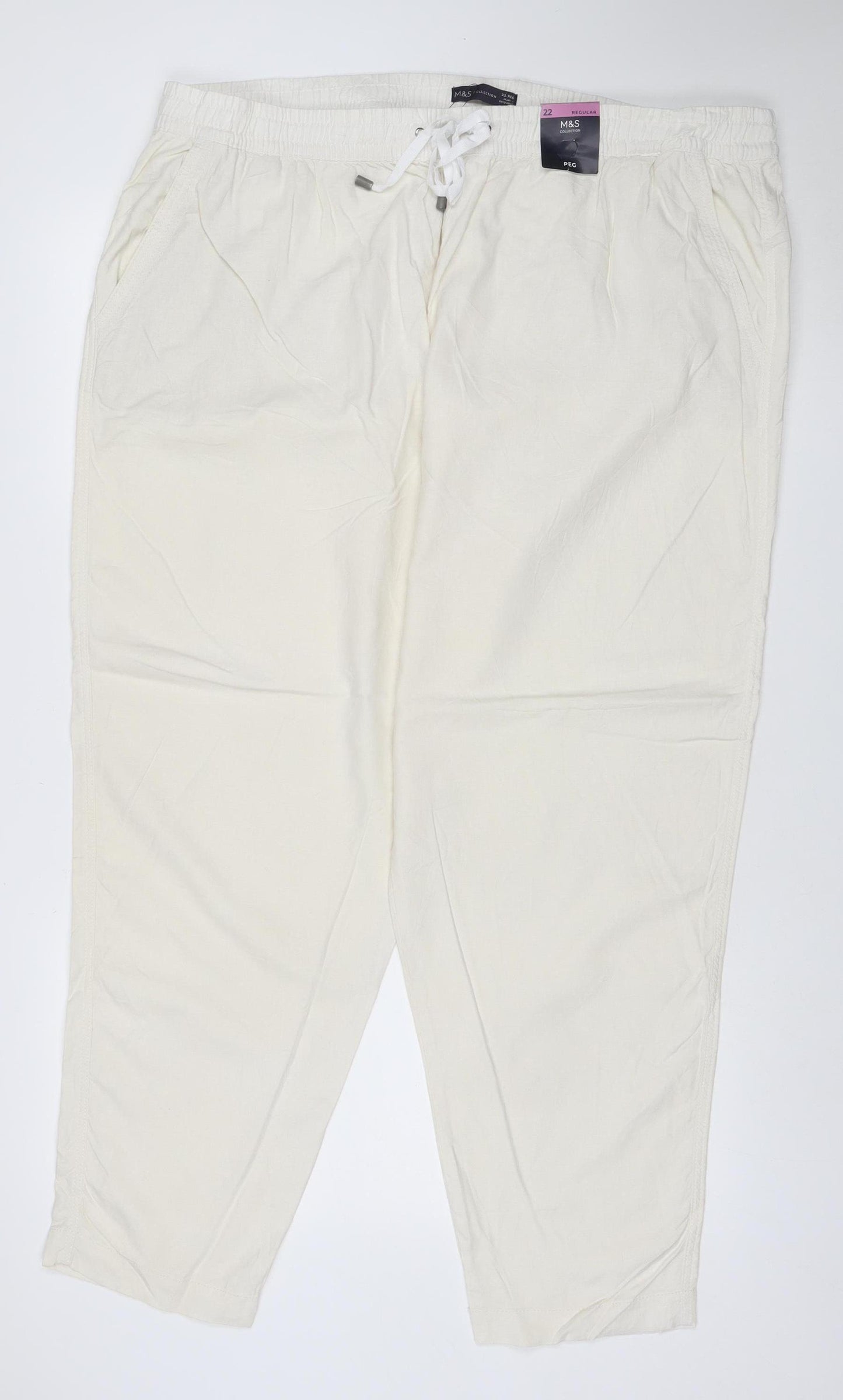 Marks & Spencer Women Ivory Size 22 Regular Cotton Drawstring Joggers