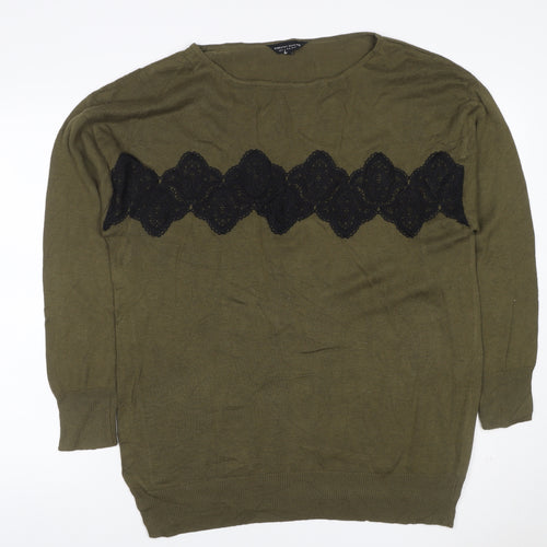 Dorothy Perkins Women Green Lace Trim Cotton Jumper UK 14 Long Sleeve