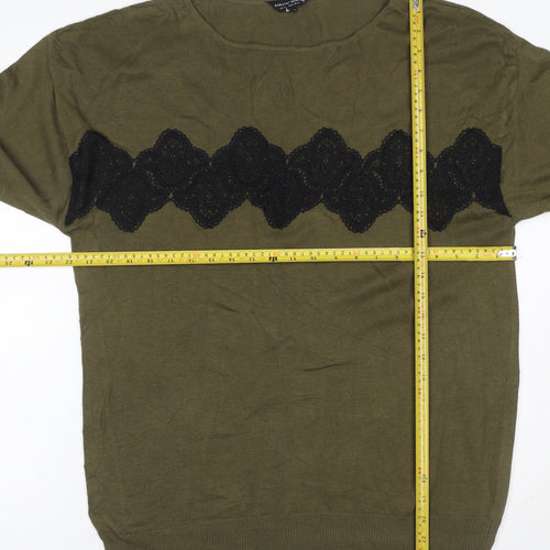 Dorothy Perkins Women Green Lace Trim Cotton Jumper UK 14 Long Sleeve