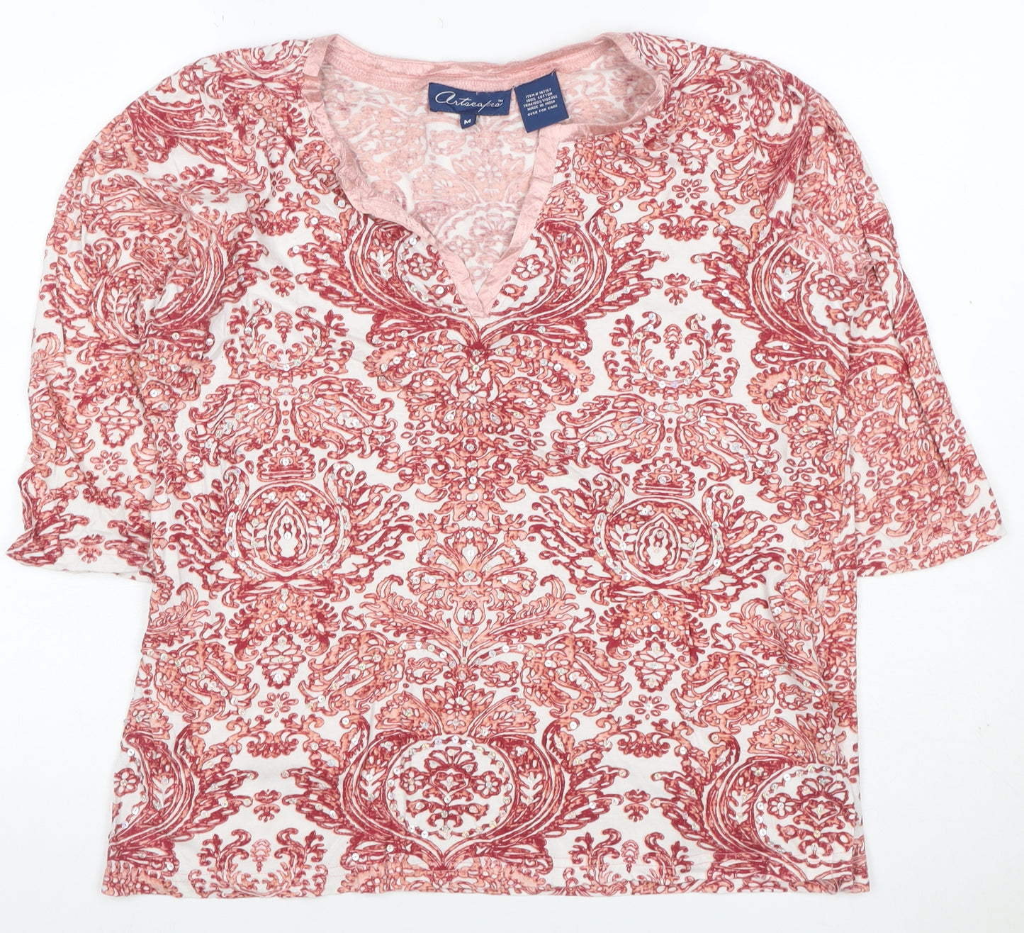 Artescape Women Pink M Paisley Sequin V-Neck Cotton Jersey T-Shirt