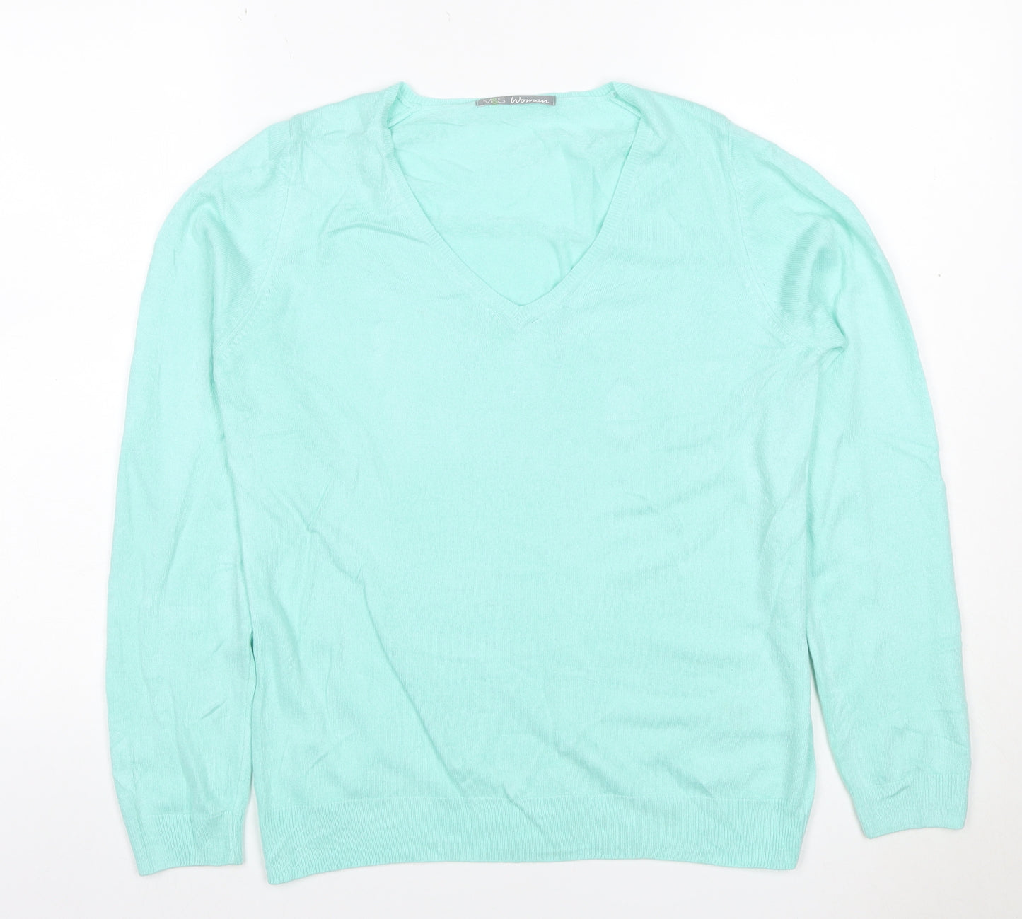 Marks and Spencer Women Green UK 12 V-Neck Acrylic Knit Jumper