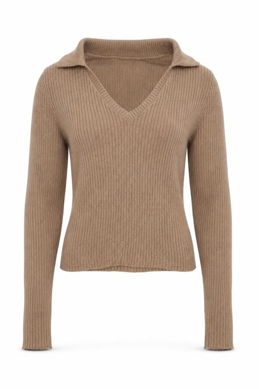Hollister Women Beige S Rib Knit Collared V-Neck Slim Jumper