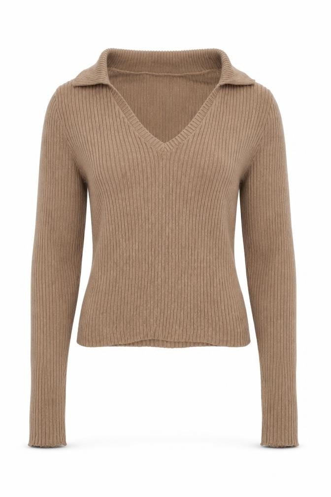 Hollister Women Beige S Rib Knit Collared V-Neck Slim Jumper