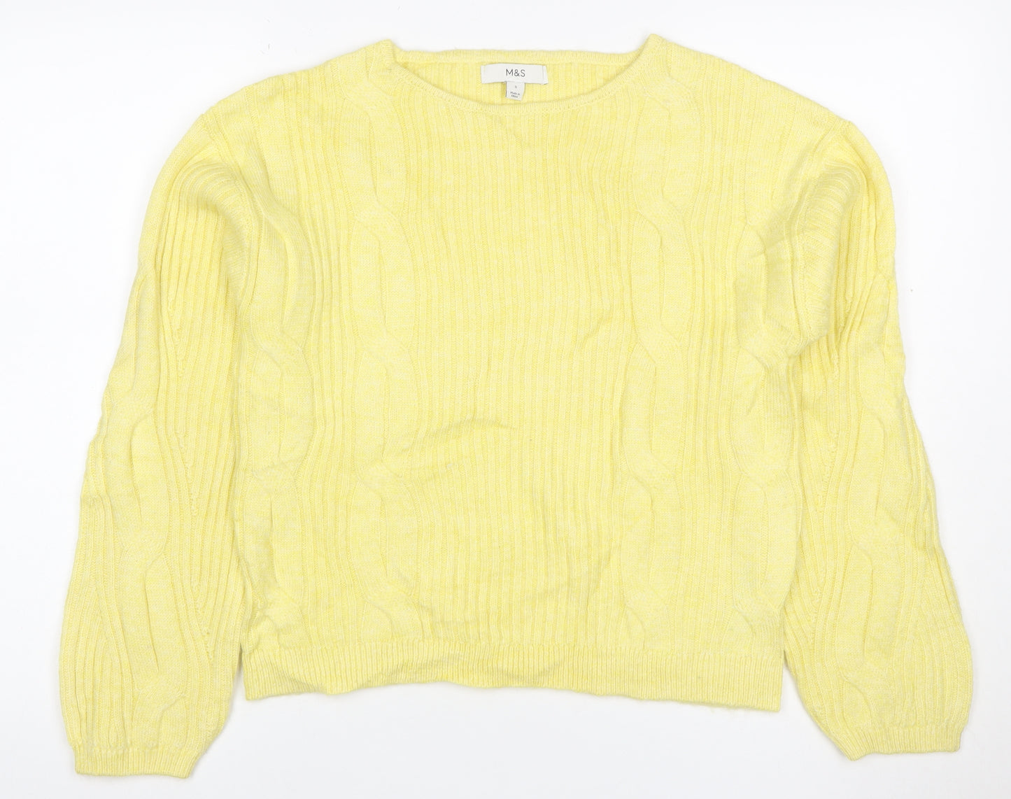 Marks and Spencer Women Yellow S Cable Knit Cashmere Blend Jumper