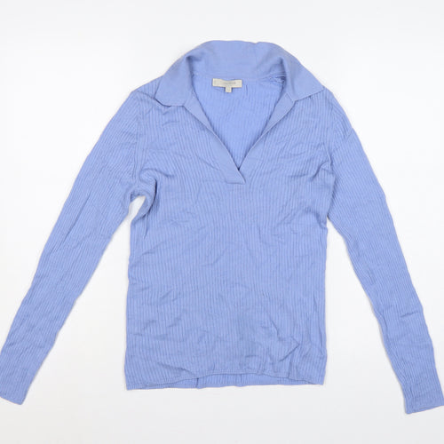 Hobbs Women Blue Merino Wool Ribbed Collared V-Neck Jumper M