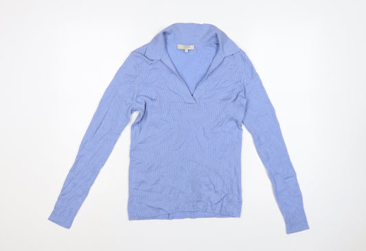 Hobbs Women Blue Merino Wool Ribbed Collared V-Neck Jumper M