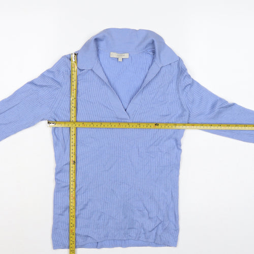 Hobbs Women Blue Merino Wool Ribbed Collared V-Neck Jumper M