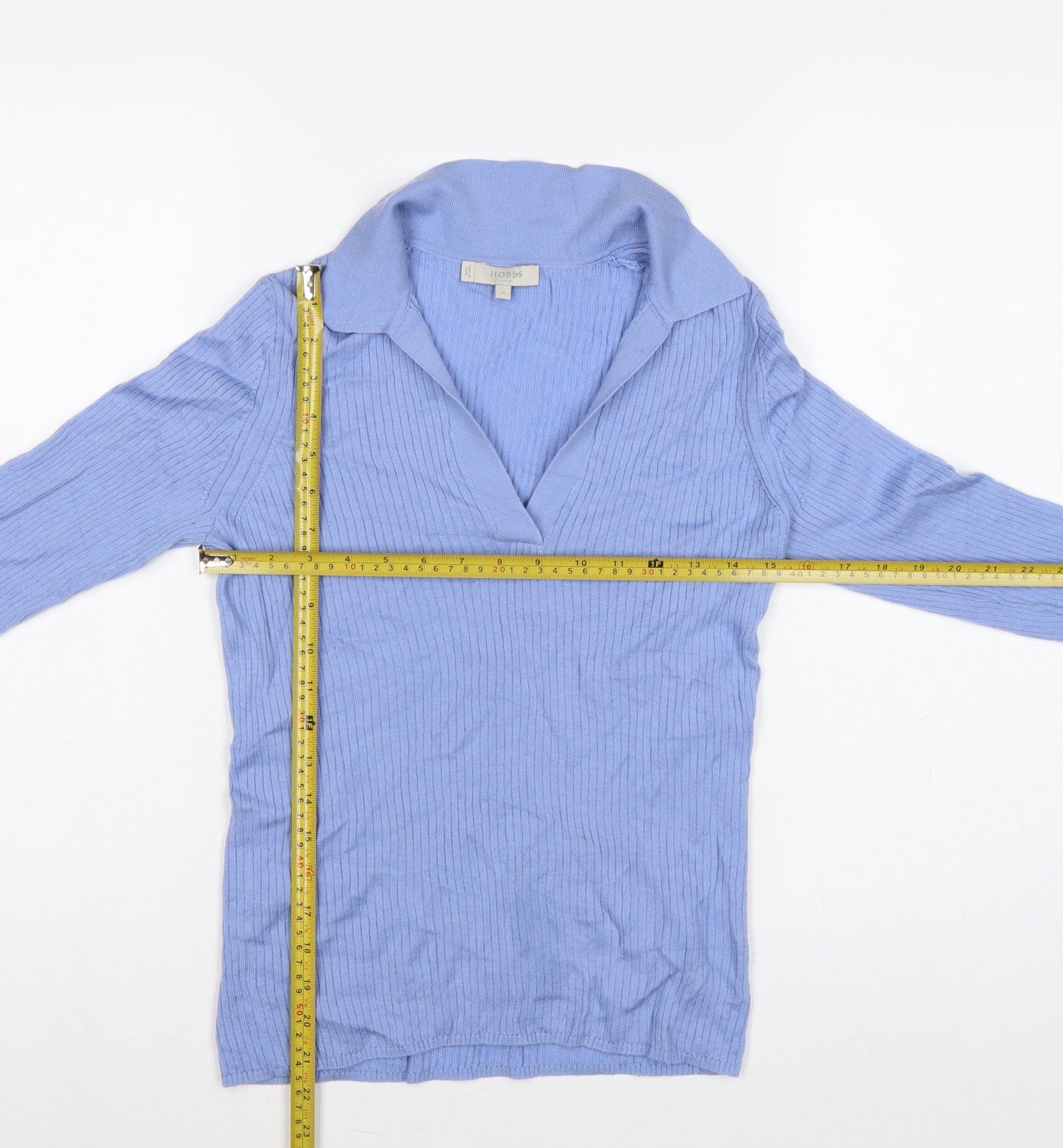 Hobbs Women Blue Merino Wool Ribbed Collared V-Neck Jumper M