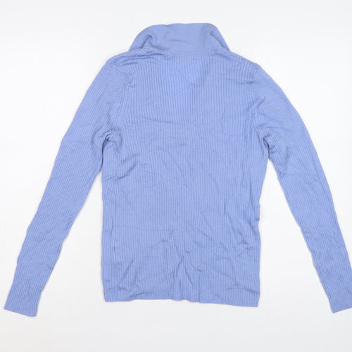 Hobbs Women Blue Merino Wool Ribbed Collared V-Neck Jumper M