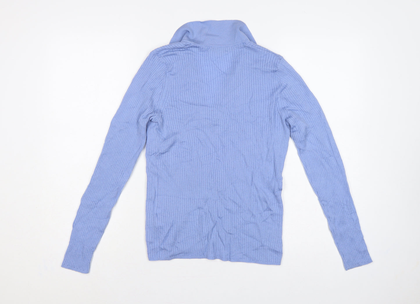 Hobbs Women Blue Merino Wool Ribbed Collared V-Neck Jumper M