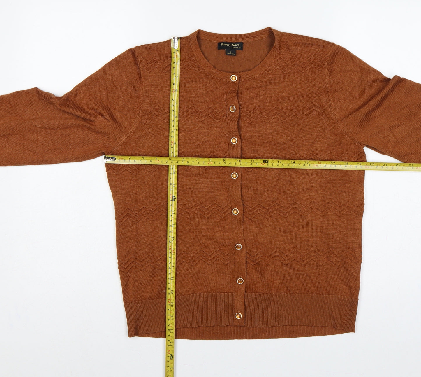 Tenney Rose Women’s Brown L Button Geometric Knit Cardigan