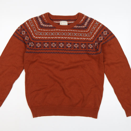 Selected Homme Men's Orange M Fair Isle Crew Neck Cotton Jumper